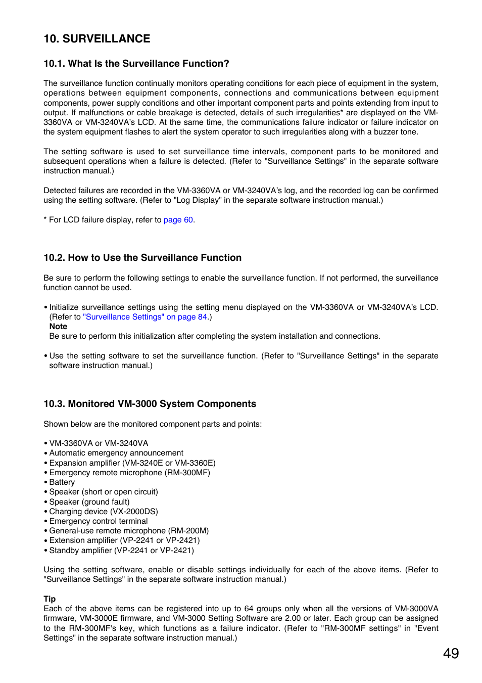 Surveillance, What is the surveillance function, How to use the surveillance function | Monitored vm-3000 system components, Refer to | Toa VM-3000 Series User Manual | Page 49 / 149