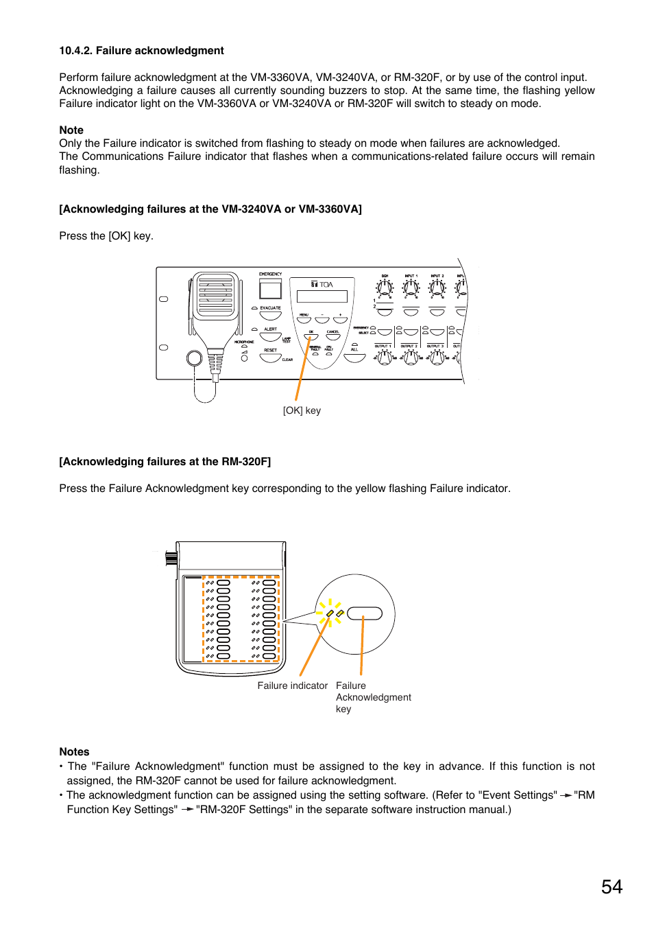 Failure acknowledgment, To "failure acknowledgement" on, Resetting the failure at the | Toa VM-3000 Series User Manual | Page 54 / 149