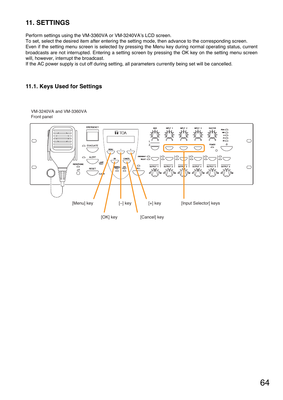 Settings, Keys used for settings | Toa VM-3000 Series User Manual | Page 64 / 149