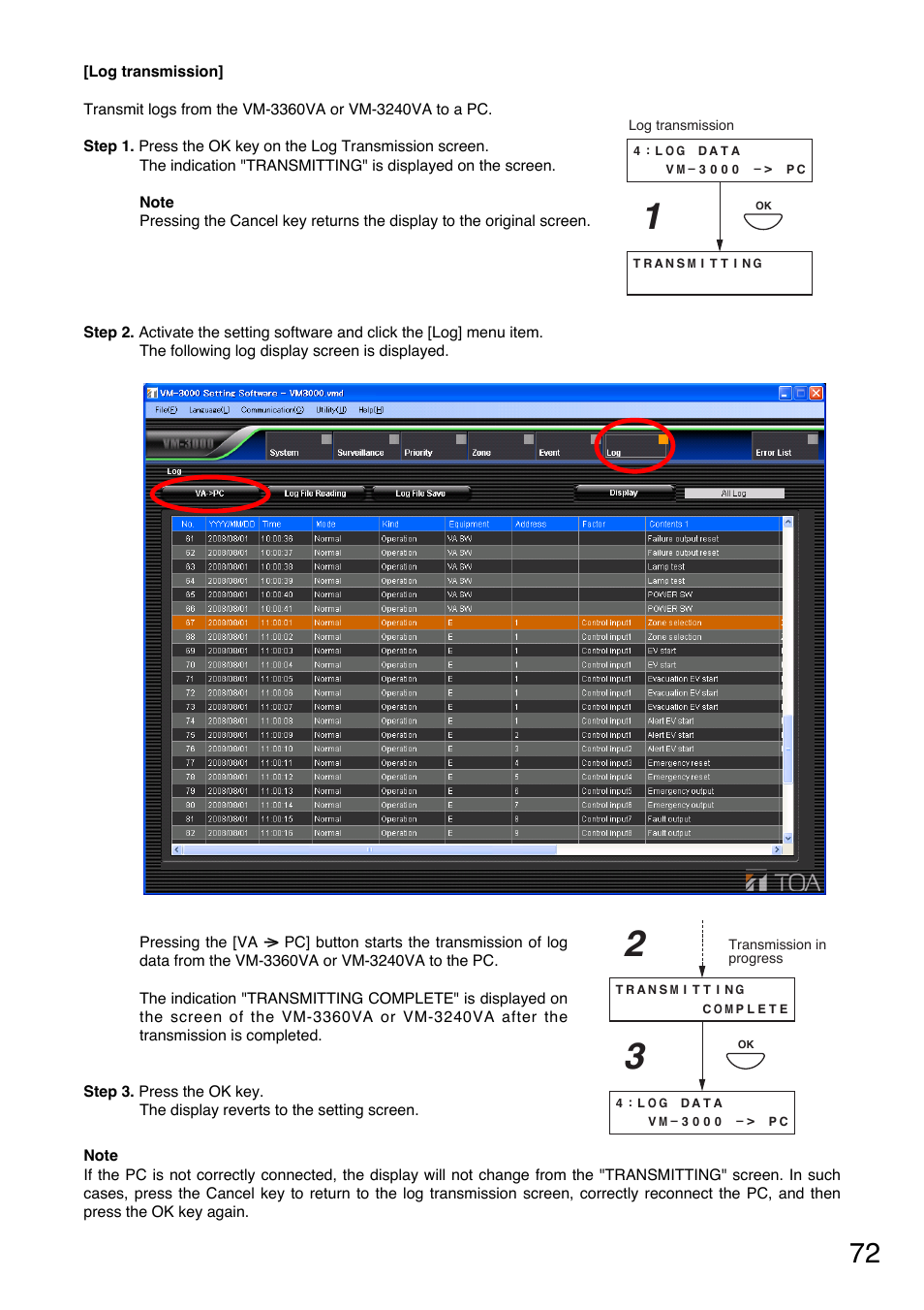 Log transfer | Toa VM-3000 Series User Manual | Page 72 / 149