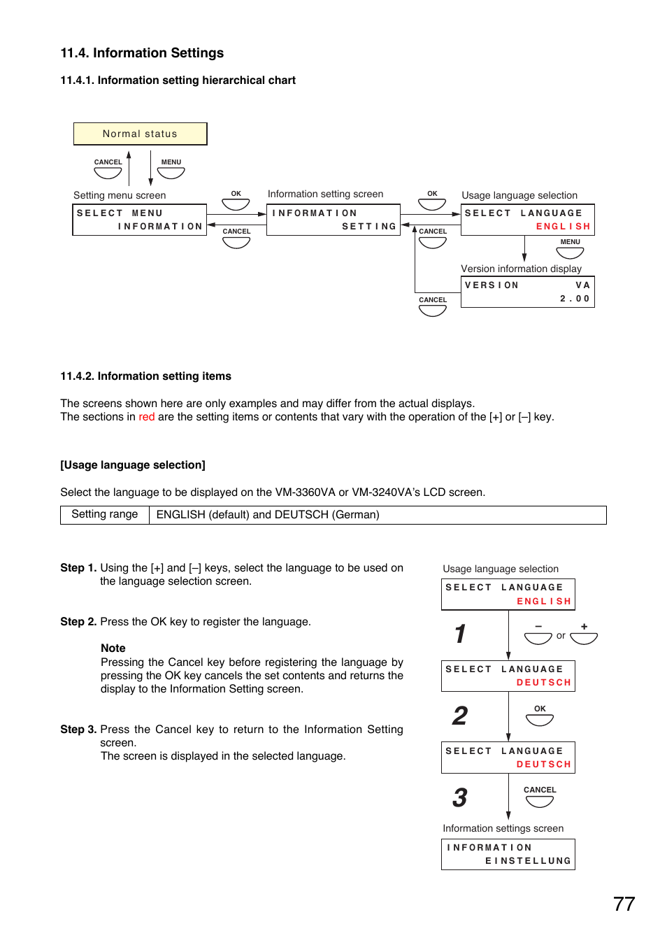 Information settings, Information setting hierarchical chart, Information setting items | Toa VM-3000 Series User Manual | Page 77 / 149