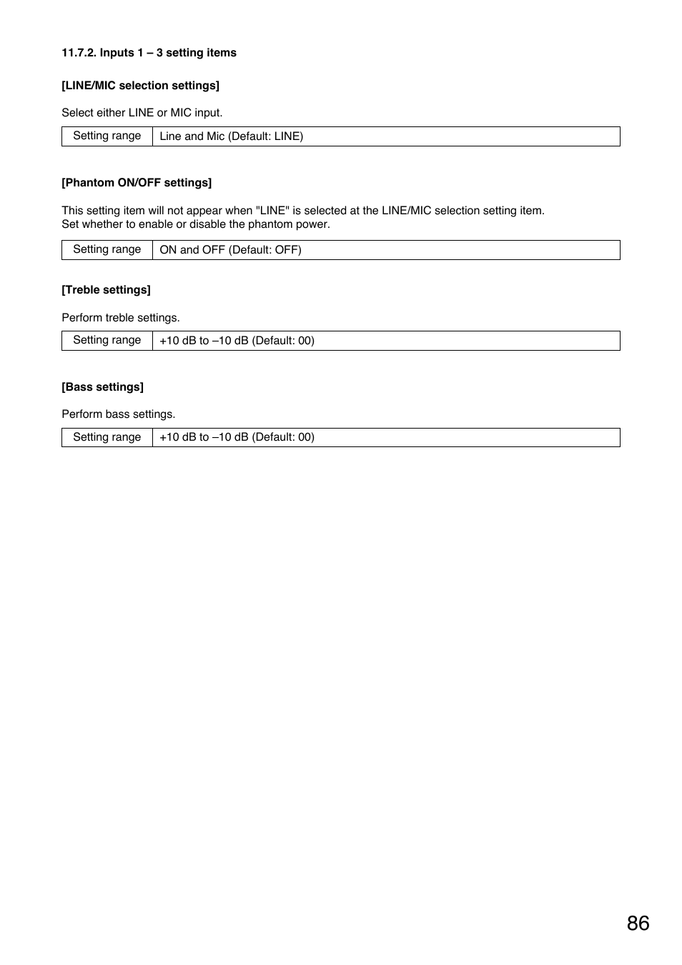 Inputs 1 – 3 setting items, Line/mic selection, Bass settings | Toa VM-3000 Series User Manual | Page 86 / 149