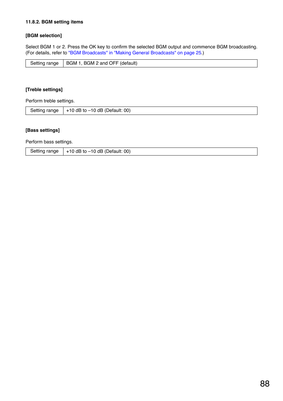 Bgm setting items, Bgm selection, Treble settings | Toa VM-3000 Series User Manual | Page 88 / 149