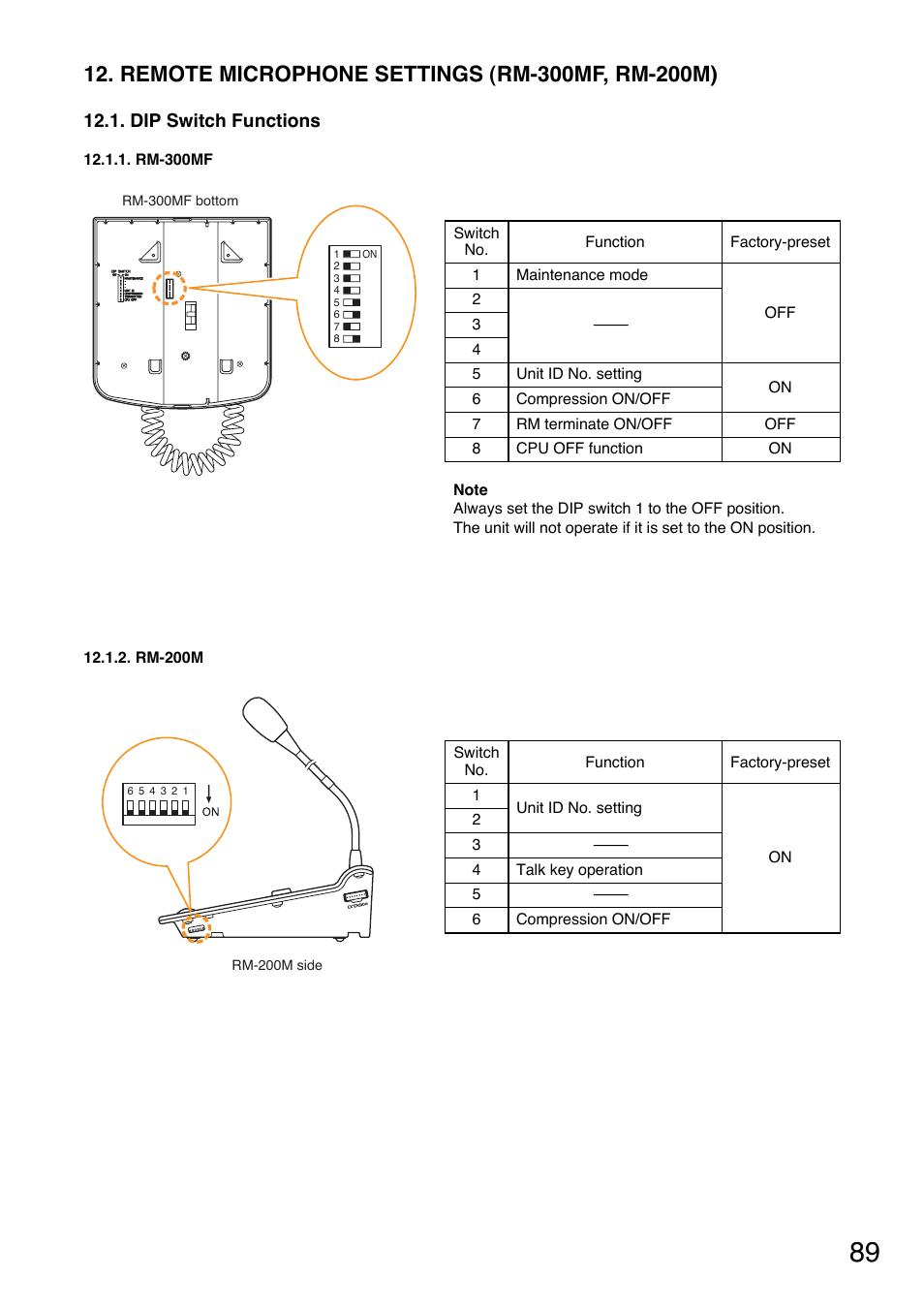 Remote microphone settings (rm-300mf, rm-200m), Dip switch functions, Rm-300mf | Rm-200m, Functions. (refer to, Dip switch functions" on | Toa VM-3000 Series User Manual | Page 89 / 149