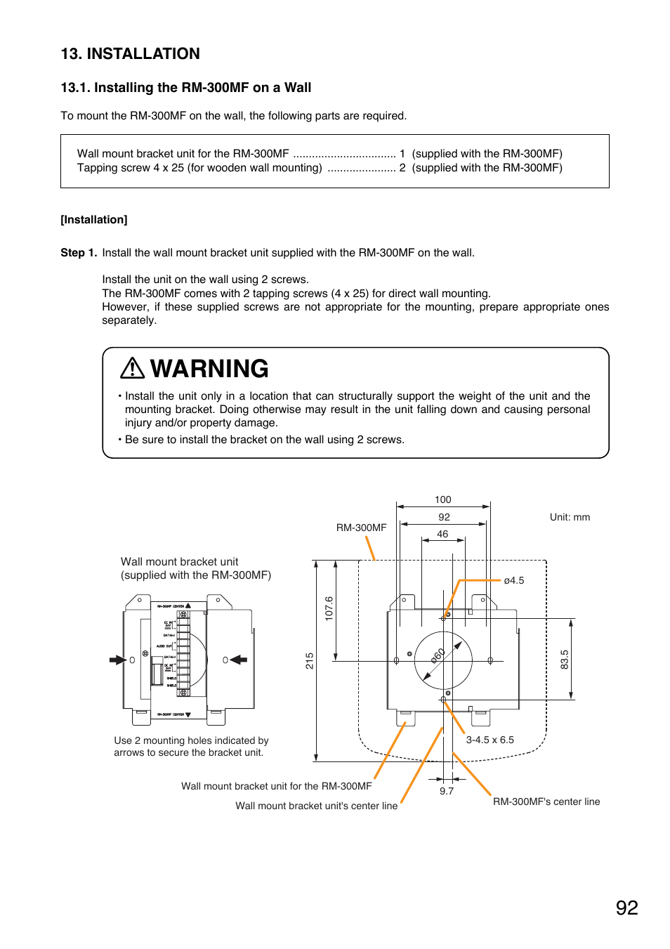 Installation, Installing the rm-300mf on a wall, Warning | Toa VM-3000 Series User Manual | Page 92 / 149