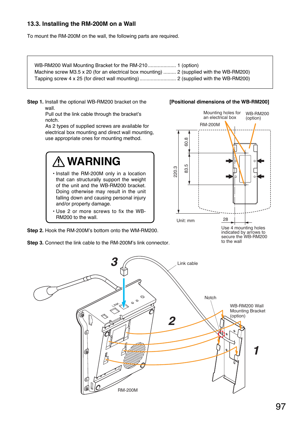 Installing the rm-200m on a wall, Warning | Toa VM-3000 Series User Manual | Page 97 / 149