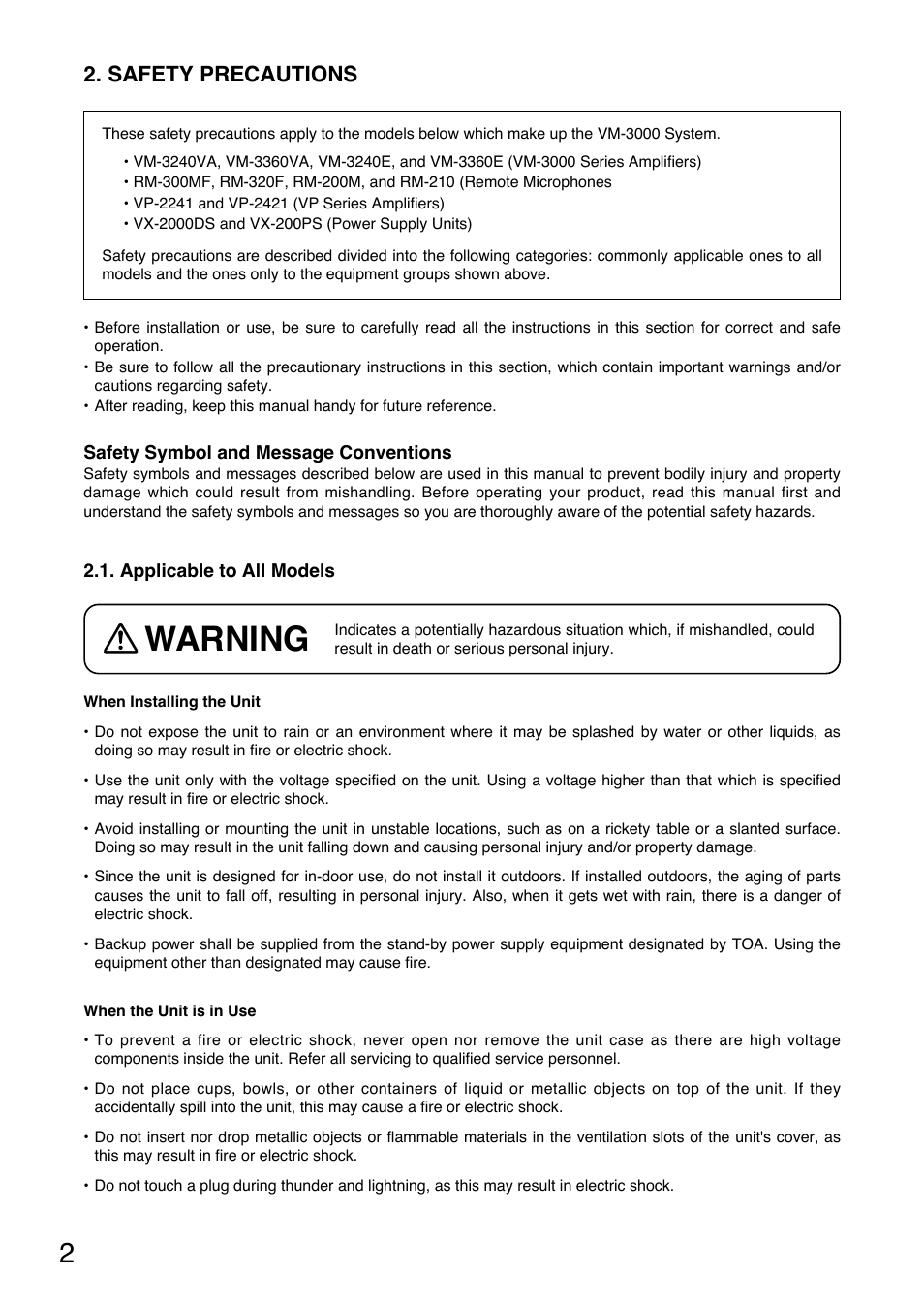 Warning, Safety precautions | Toa VM-3000 Series Read Me First User Manual | Page 2 / 8