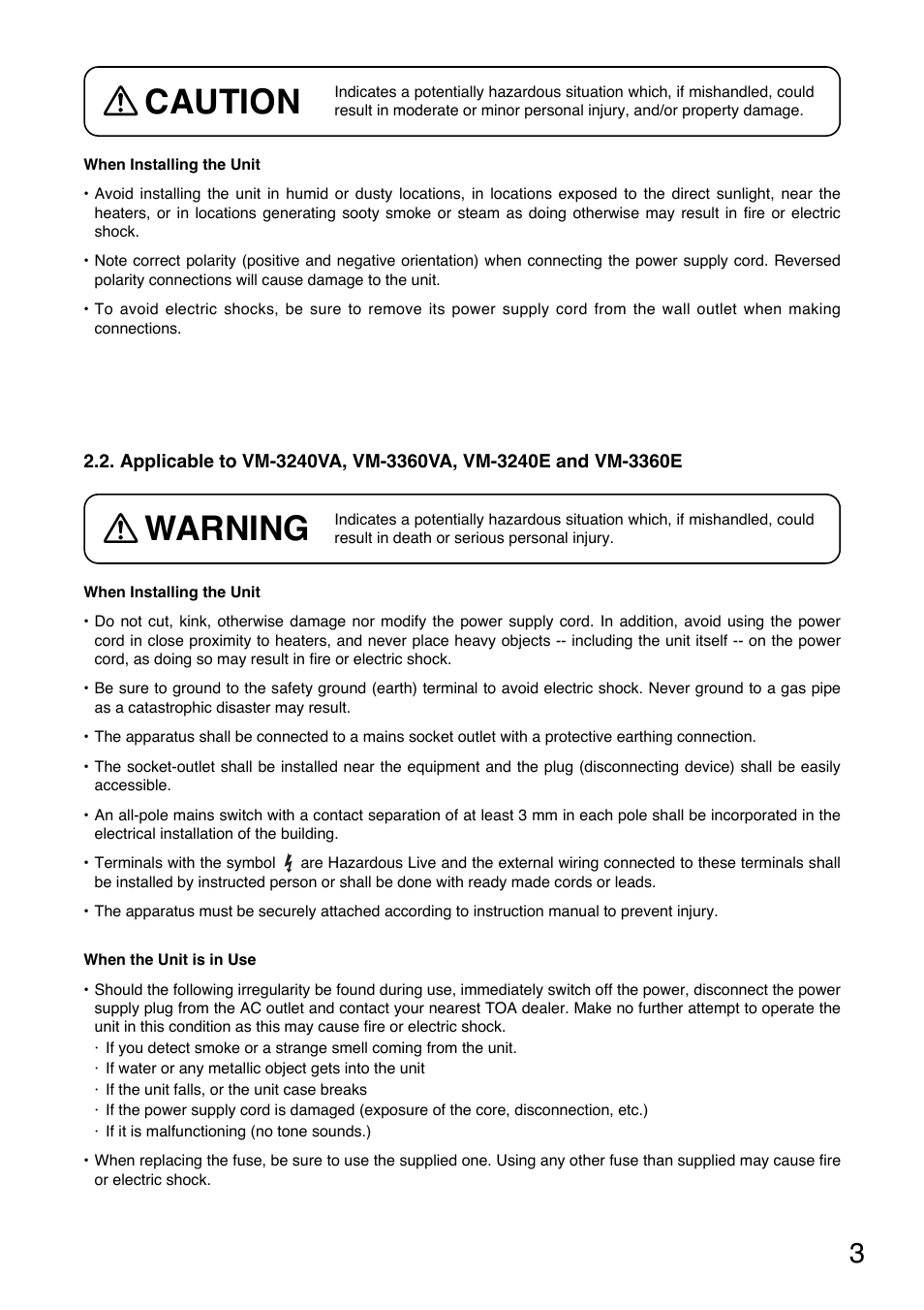 Warning, Caution | Toa VM-3000 Series Read Me First User Manual | Page 3 / 8