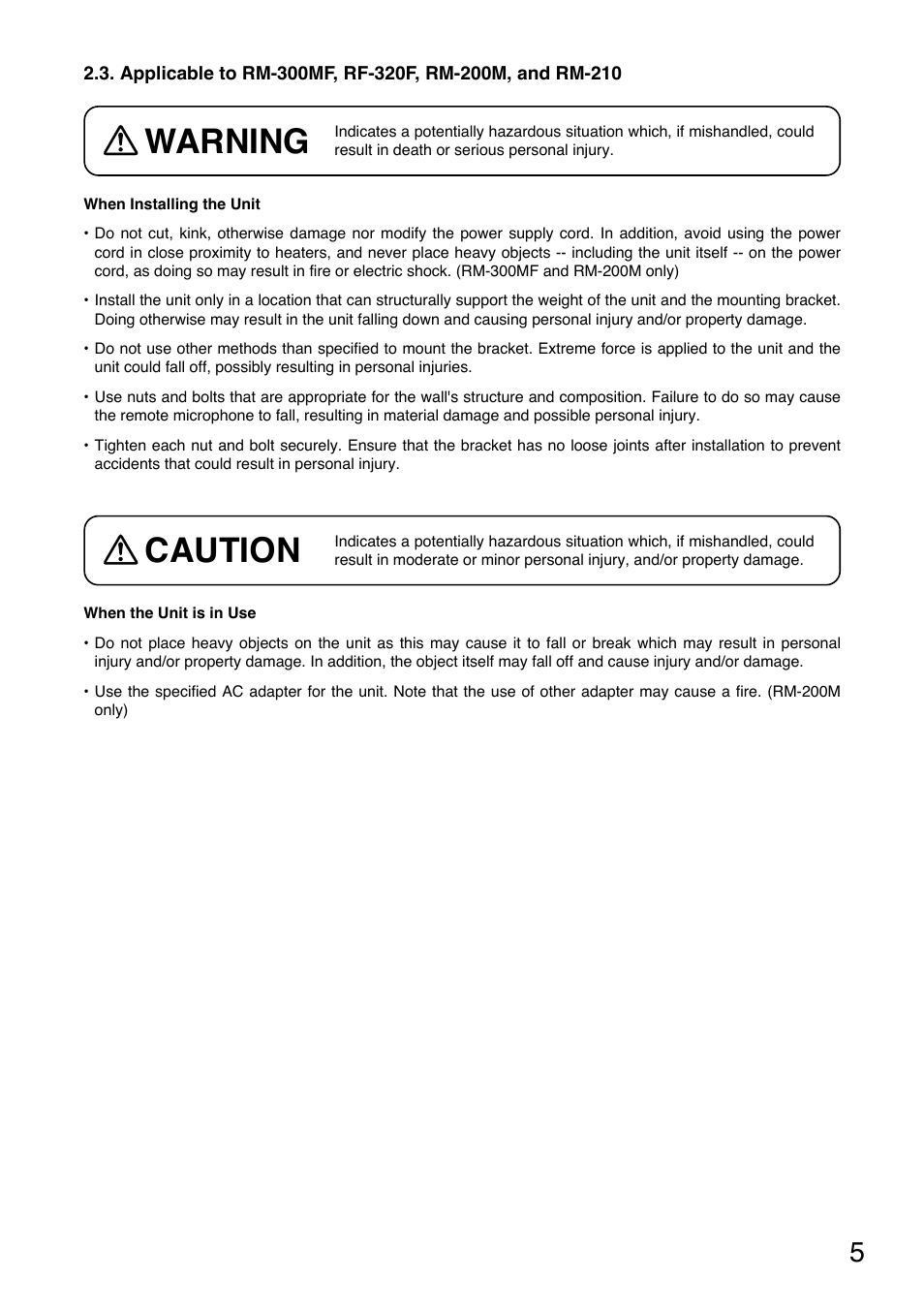 Warning, Caution | Toa VM-3000 Series Read Me First User Manual | Page 5 / 8