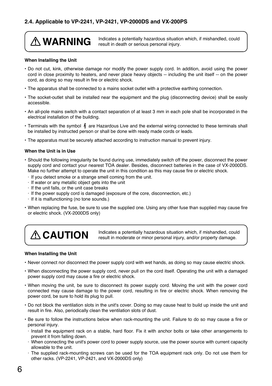 Warning, Caution | Toa VM-3000 Series Read Me First User Manual | Page 6 / 8