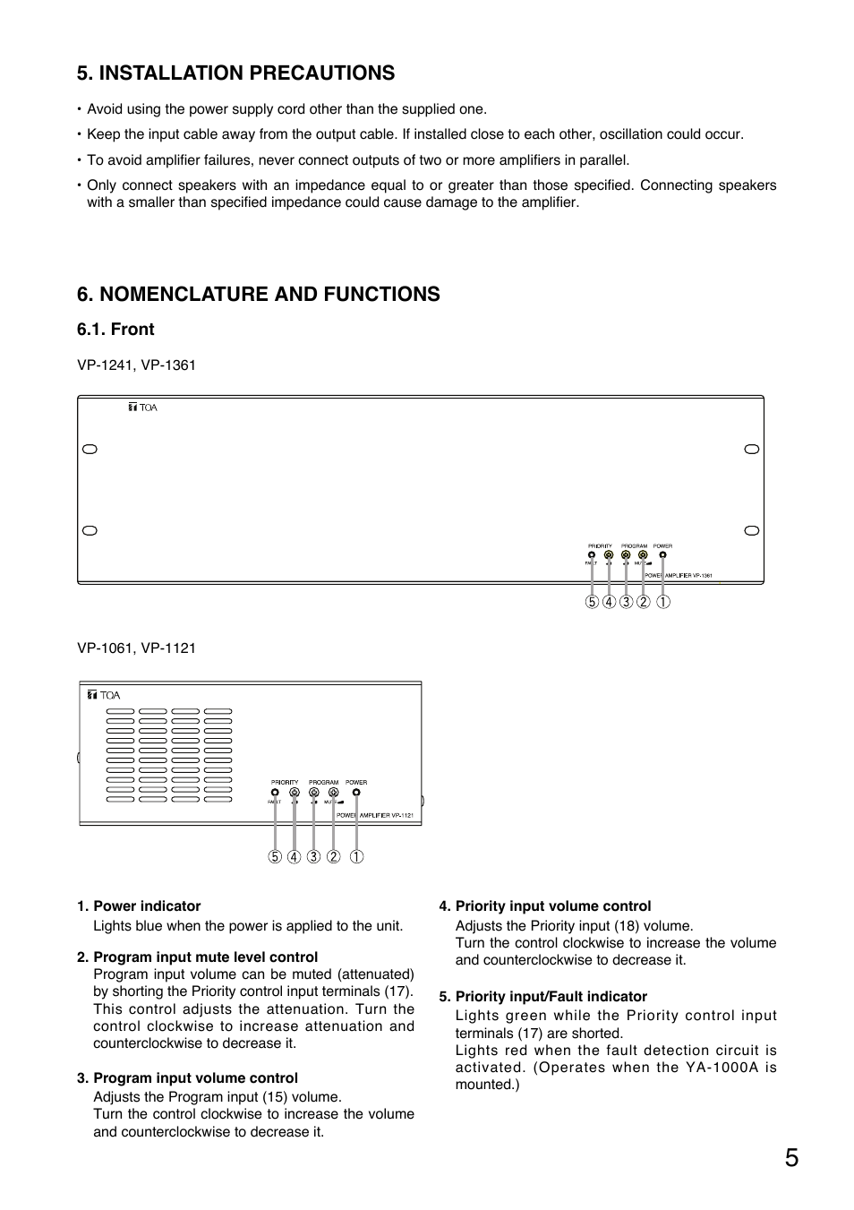 Nomenclature and functions, Installation precautions | Toa VP-1361 Manual User Manual | Page 5 / 12