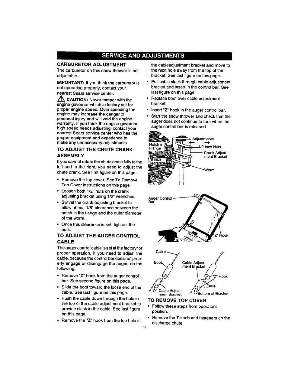 Carburetor adjustment, To adjust the chute crank assembly, To adjust the auger control cable | To remove top cover, Service and adjustments carburetor adjustment | Craftsman 536885211 User Manual | Page 12 / 17