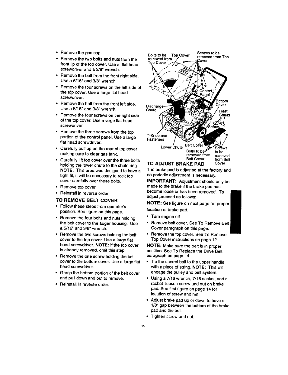 To remove belt cover, To adjust brake pad, Important | Craftsman 536885211 User Manual | Page 13 / 17