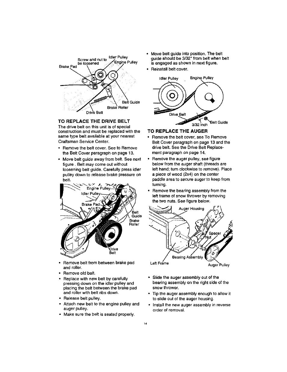 To replace the drive belt, To replace the auger | Craftsman 536885211 User Manual | Page 14 / 17