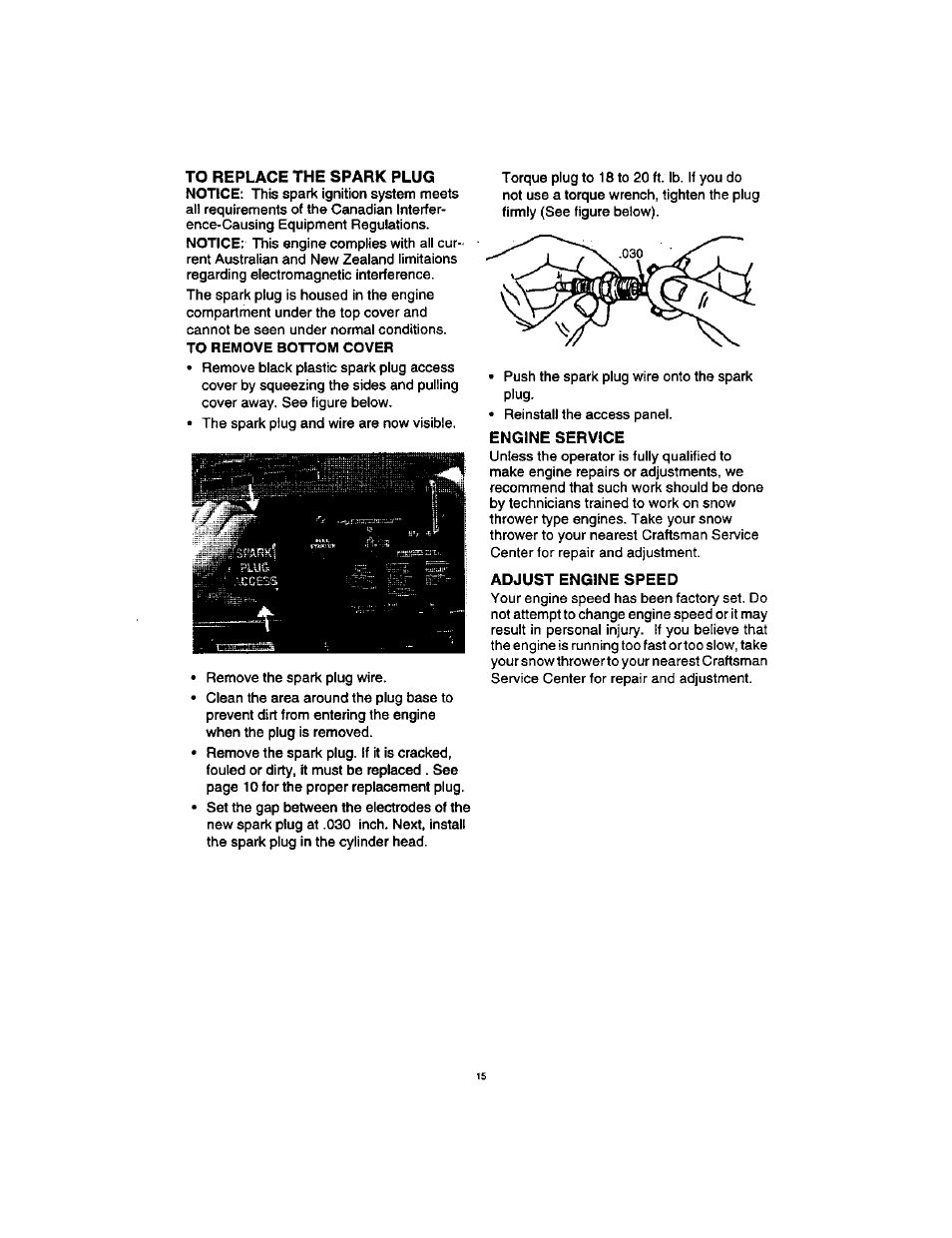 To replace the spark plug, Engine service, Adjust engine speed | Craftsman 536885211 User Manual | Page 15 / 17