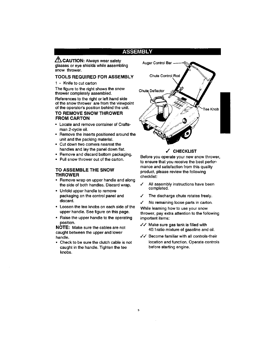 Tools required for assembly, To remove snow thrower from carton, To assemble the snow thrower | Craftsman 536885211 User Manual | Page 5 / 17