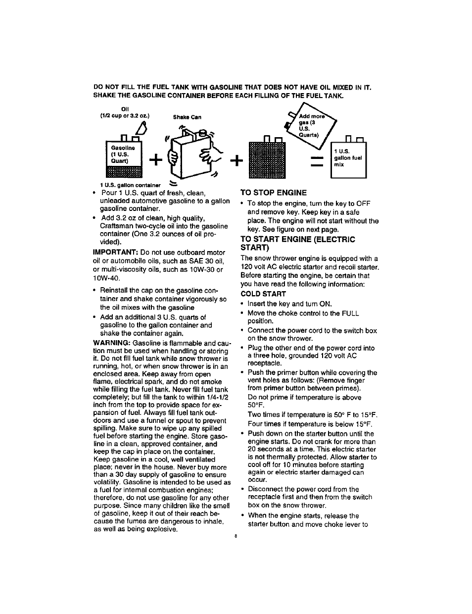 To stop engine, To start engine (electric, Start) | Craftsman 536885211 User Manual | Page 8 / 17