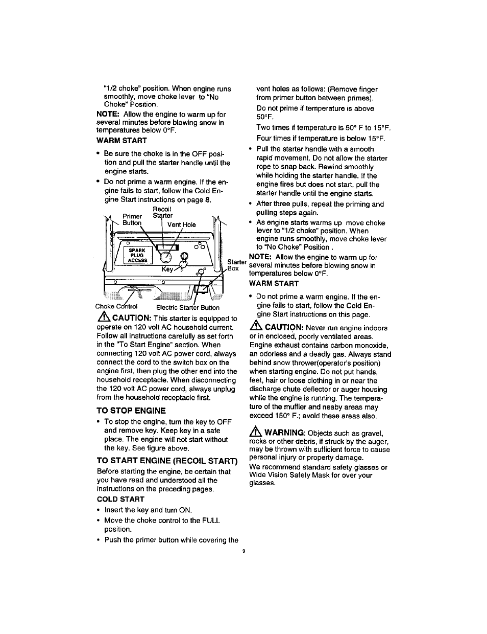 To stop engine, To start engine (recoil start), A caution | Caution, Warning | Craftsman 536885211 User Manual | Page 9 / 17