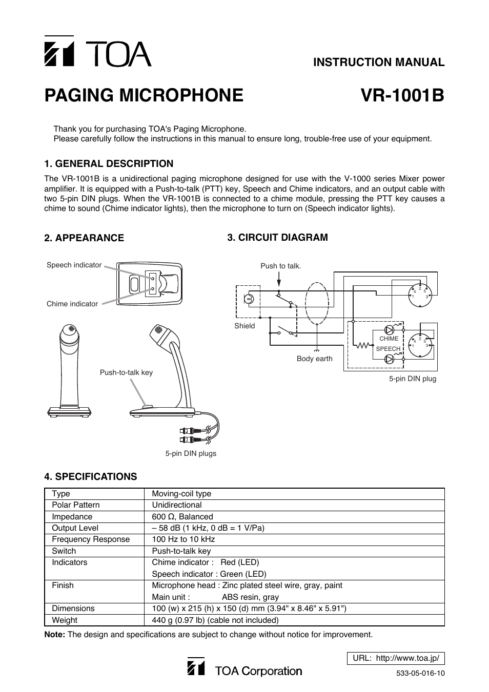 Toa VR-1001B User Manual | 1 page