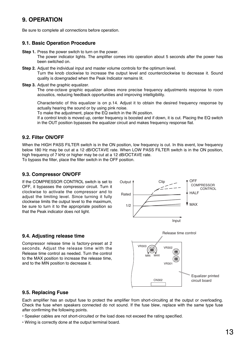 Operation, Basic operation procedure, Filter on/off | Compressor on/off, Adjusting release time, Replacing fuse | Toa W-912A Service Manual User Manual | Page 13 / 16