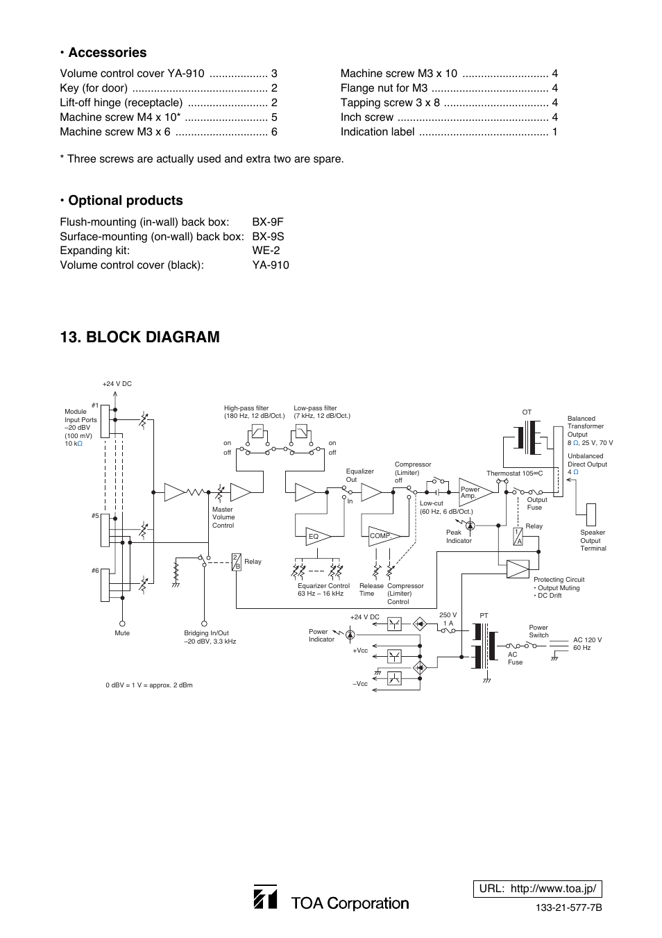 Block diagram, Accessories, Optional products | Toa W-912A Service Manual User Manual | Page 16 / 16