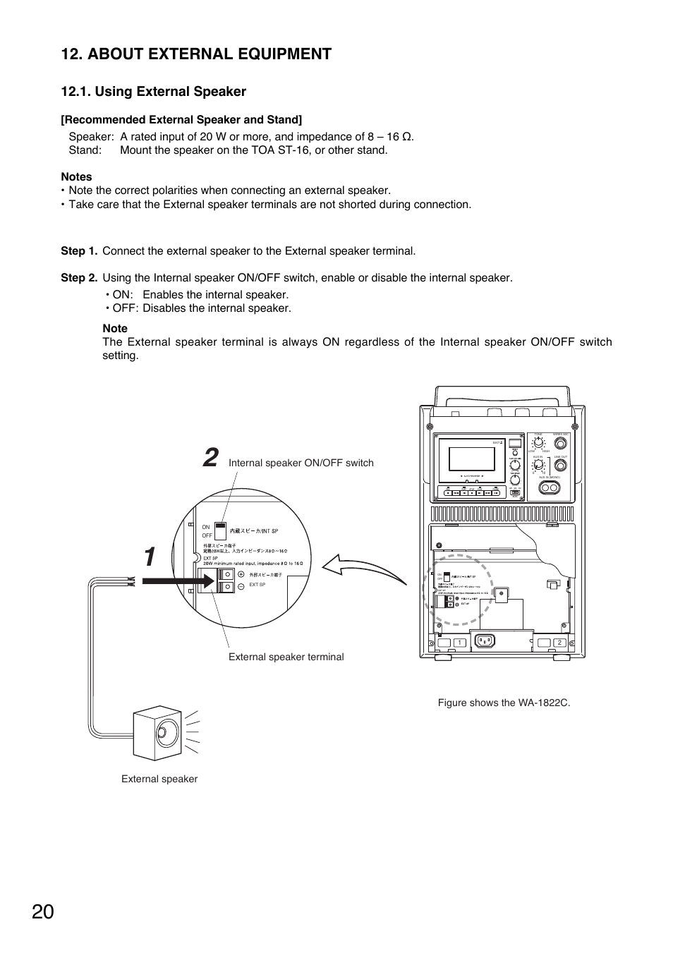 About external equipment, Using external speaker | Toa WA-1822C User Manual | Page 20 / 24