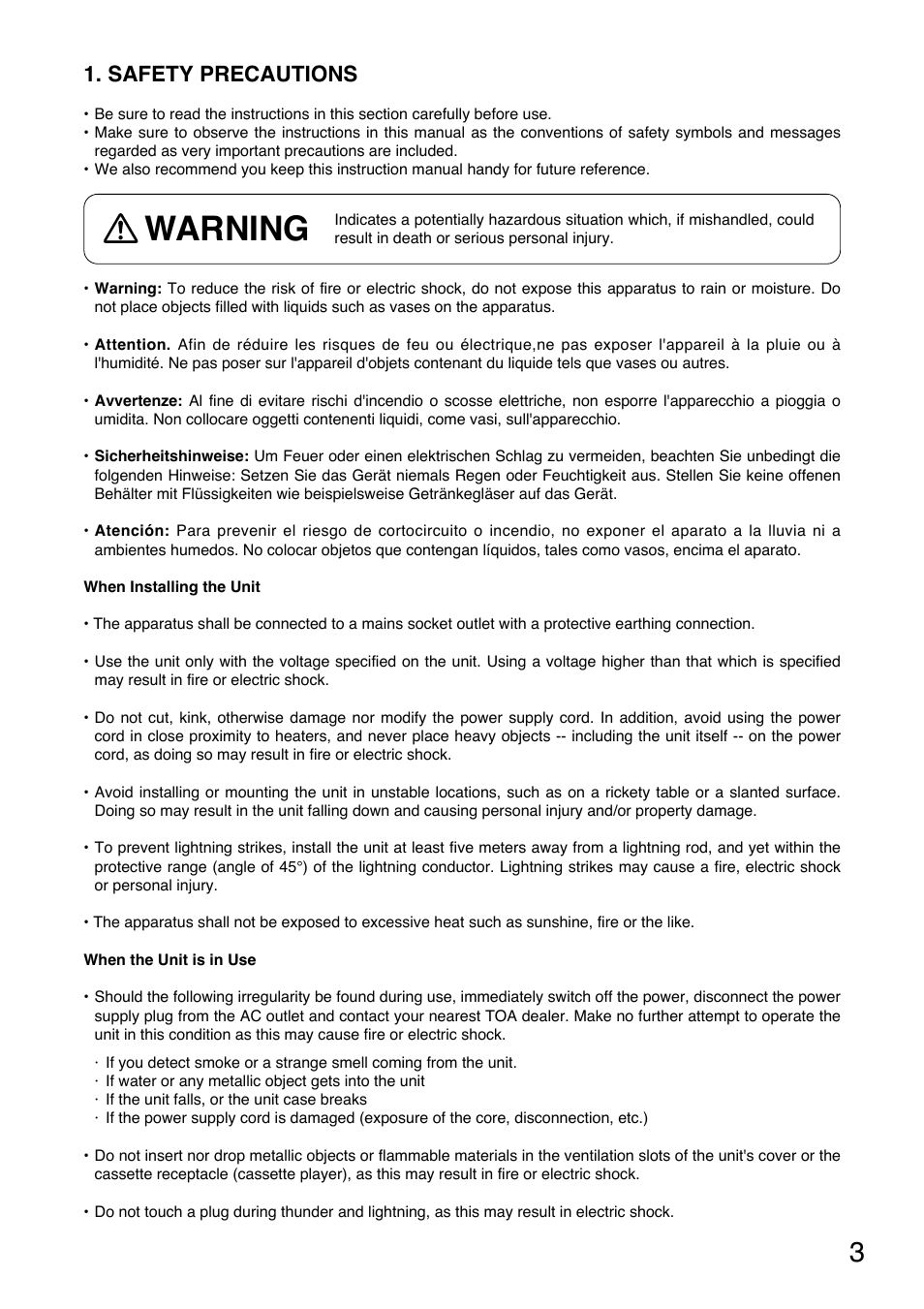 Warning, Safety precautions | Toa WA-1822C User Manual | Page 3 / 24