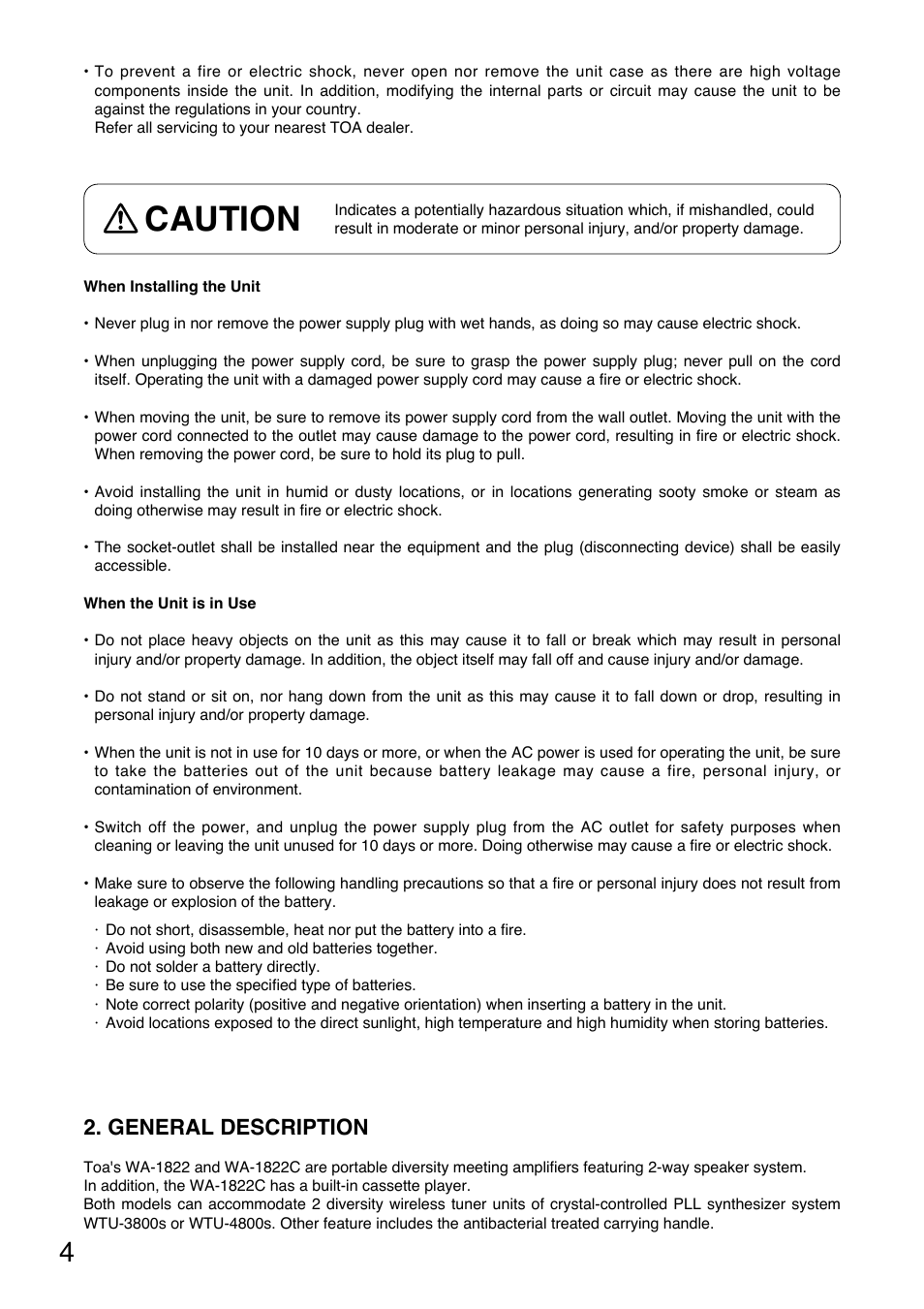 Caution, General description | Toa WA-1822C User Manual | Page 4 / 24