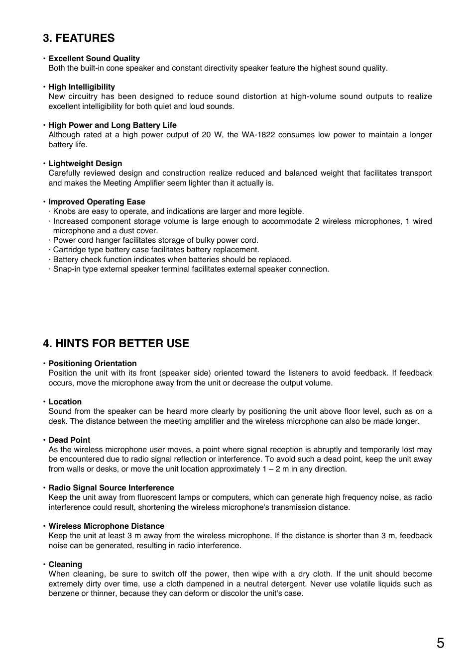 Features, Hints for better use | Toa WA-1822C User Manual | Page 5 / 24