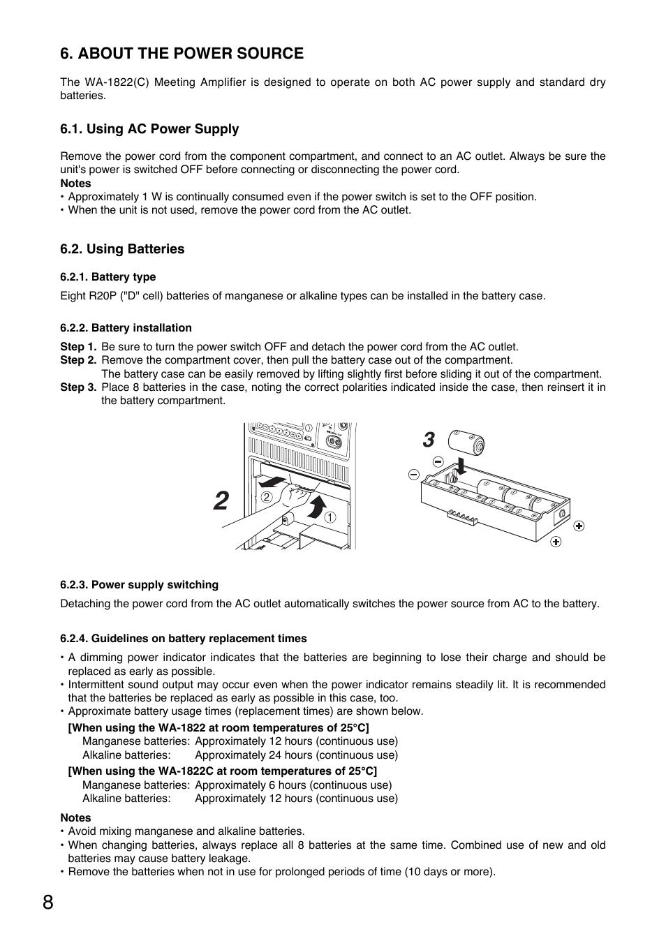 About the power source | Toa WA-1822C User Manual | Page 8 / 24