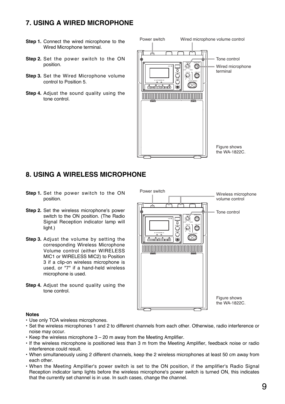 Using a wired microphone, Using a wireless microphone | Toa WA-1822C User Manual | Page 9 / 24