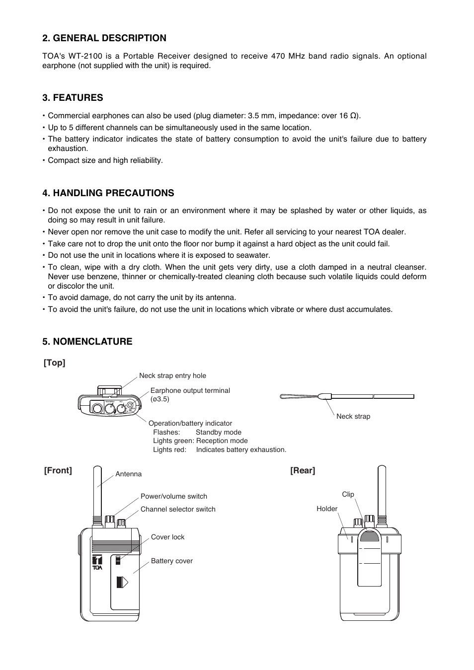 General description, Features, Handling precautions | Nomenclature, Top] [front] [rear | Toa WT-2100 User Manual | Page 2 / 4