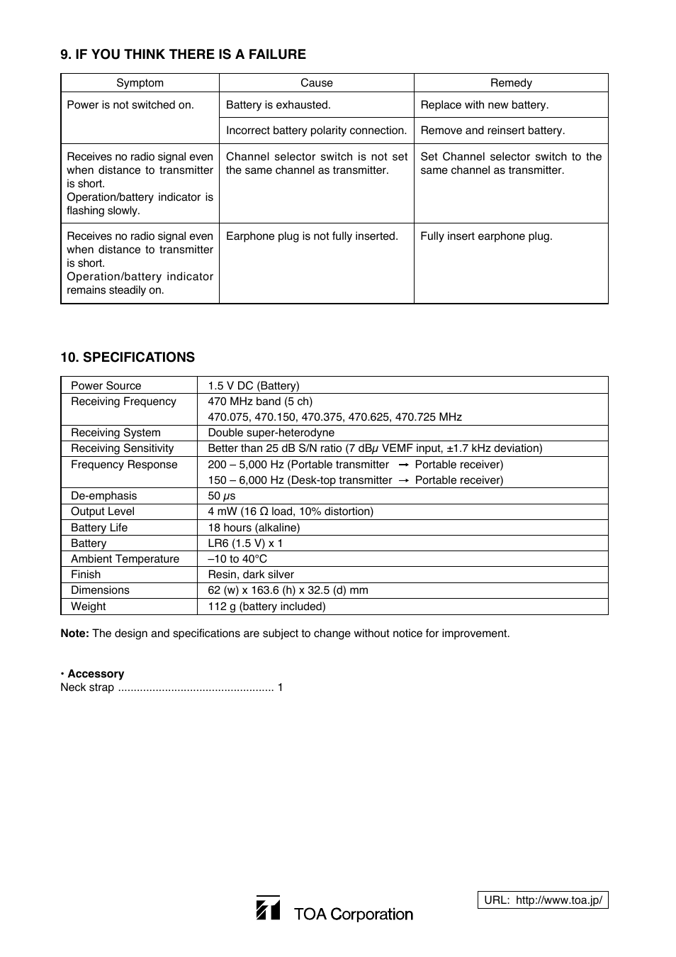 Specifications, If you think there is a failure | Toa WT-2100 User Manual | Page 4 / 4