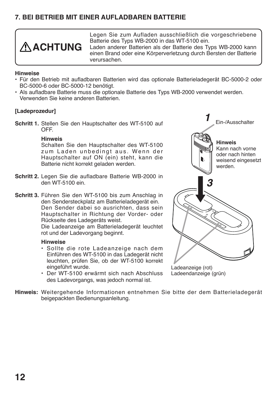 Achtung | Toa WT-5100 User Manual | Page 12 / 44