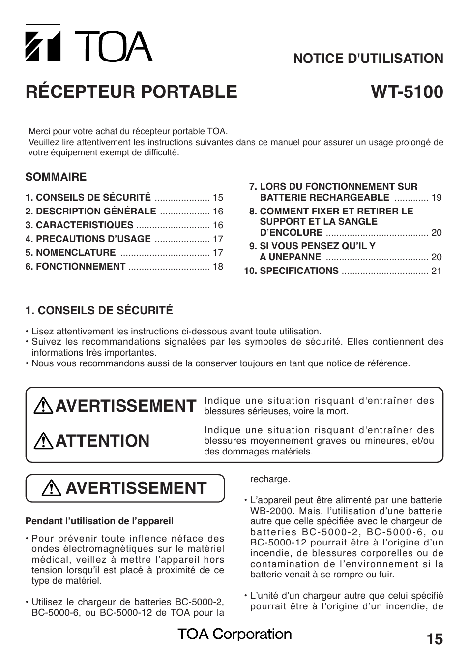 Récepteur portable, Wt-5100, Avertissement | Attention, Notice d'utilisation | Toa WT-5100 User Manual | Page 15 / 44