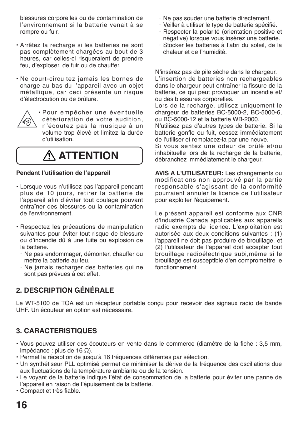 Attention | Toa WT-5100 User Manual | Page 16 / 44