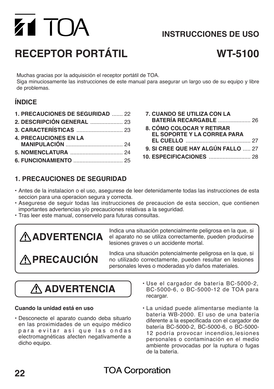 Receptor portátil, Wt-5100, Advertencia | Precaución, Instrucciones de uso | Toa WT-5100 User Manual | Page 22 / 44