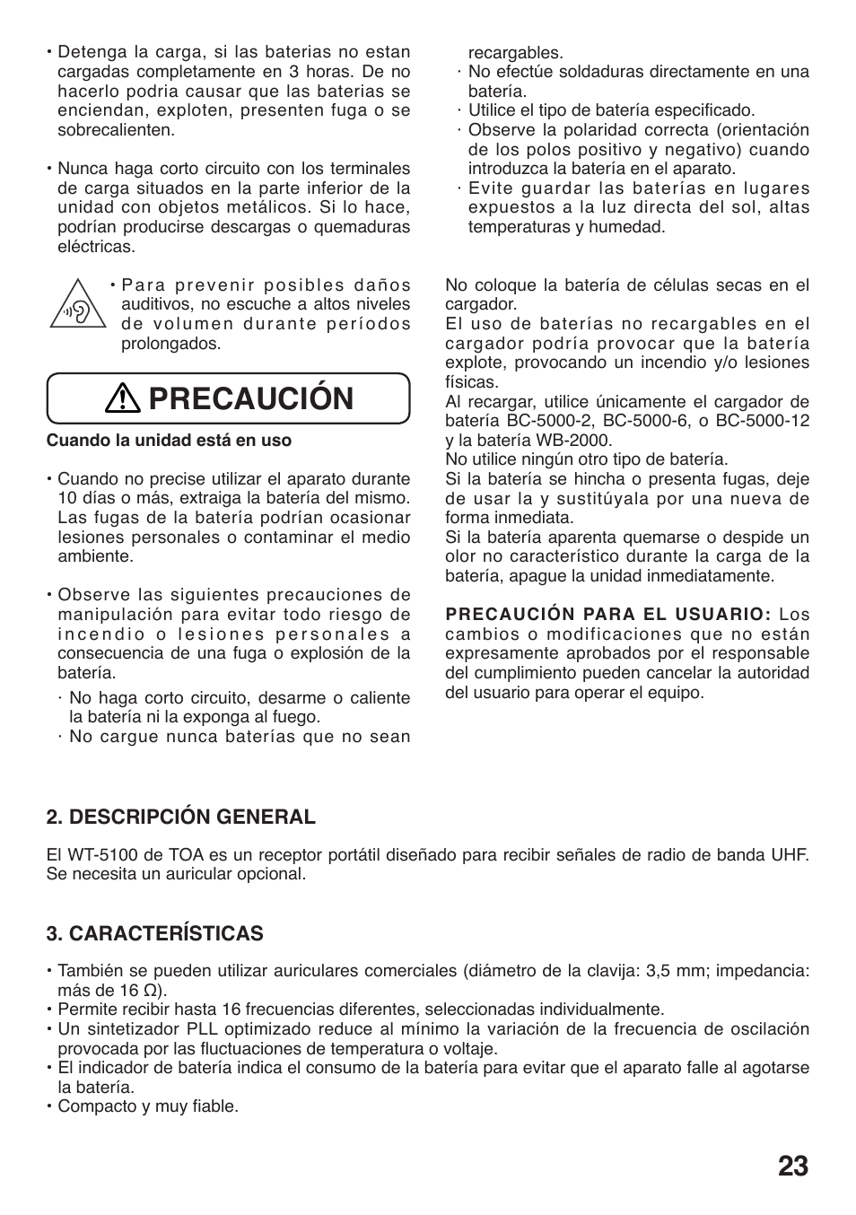 Precaución | Toa WT-5100 User Manual | Page 23 / 44