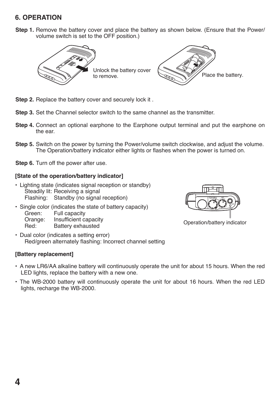 Operation, Operation/battery indicator | Toa WT-5100 User Manual | Page 4 / 44