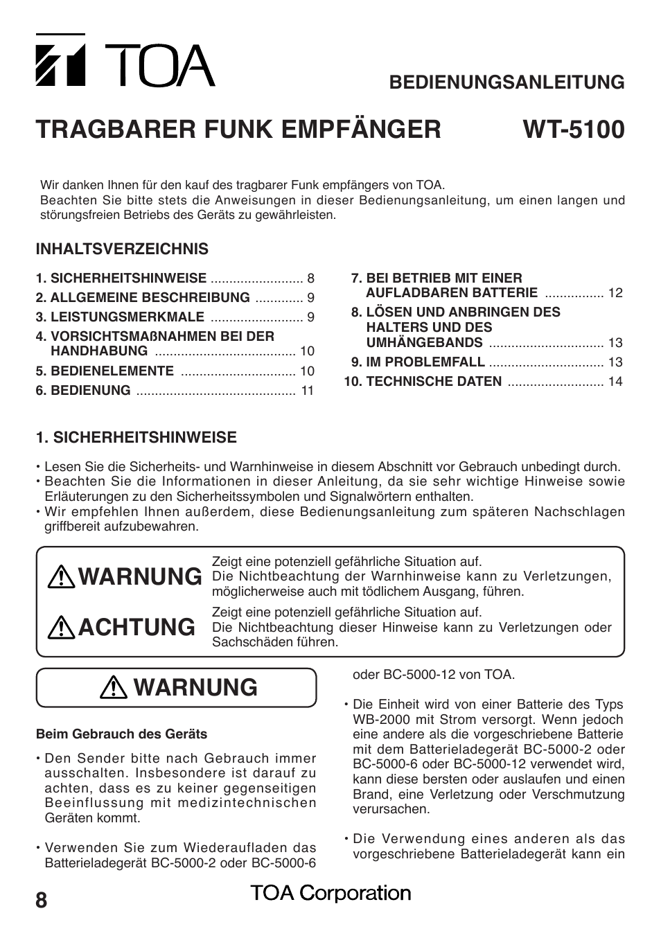 Tragbarer funk empfänger, Wt-5100, Warnung | Achtung, Bedienungsanleitung | Toa WT-5100 User Manual | Page 8 / 44