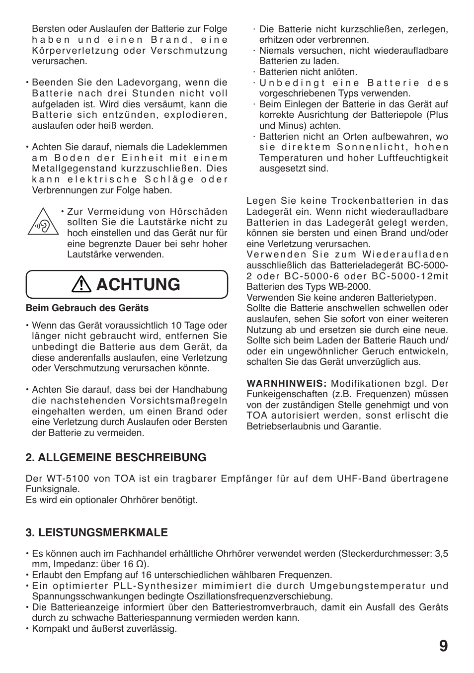 Achtung | Toa WT-5100 User Manual | Page 9 / 44