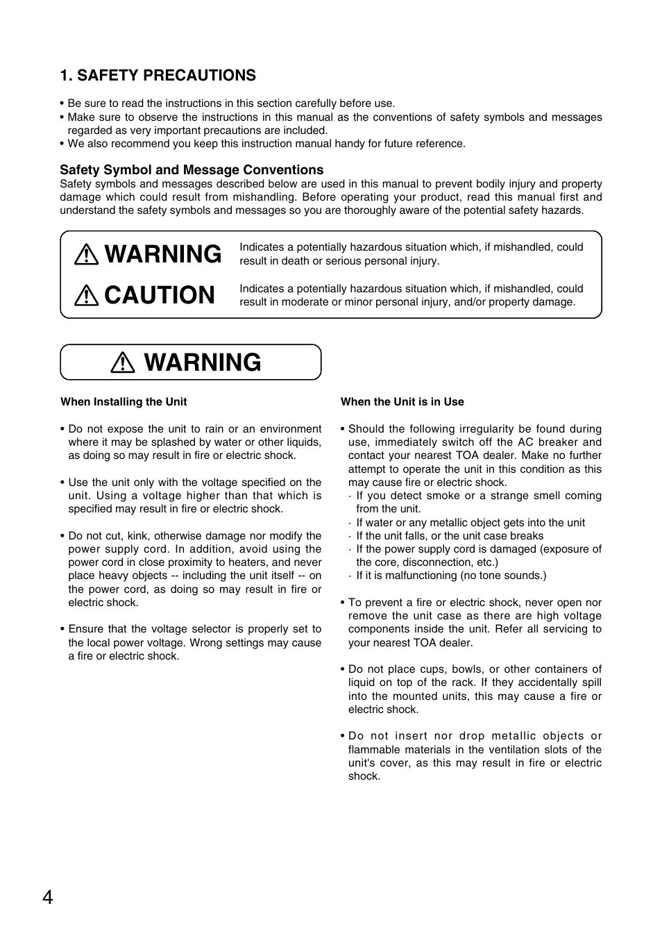 Warning, Warning caution, Safety precautions | Toa FS-970 SERIES User Manual | Page 4 / 56