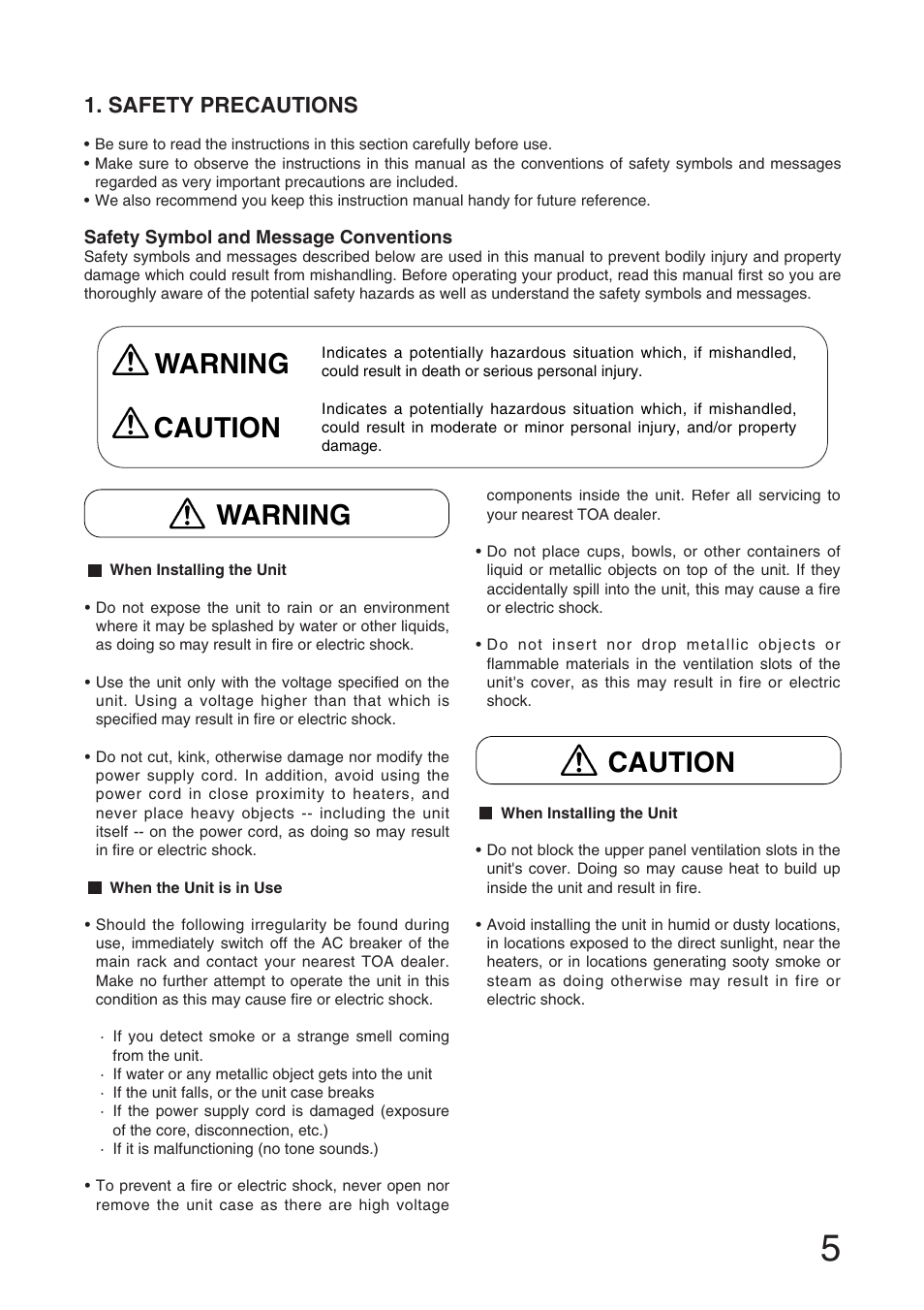 Warning caution caution warning, Safety precautions | Toa RM-971 User Manual | Page 5 / 36