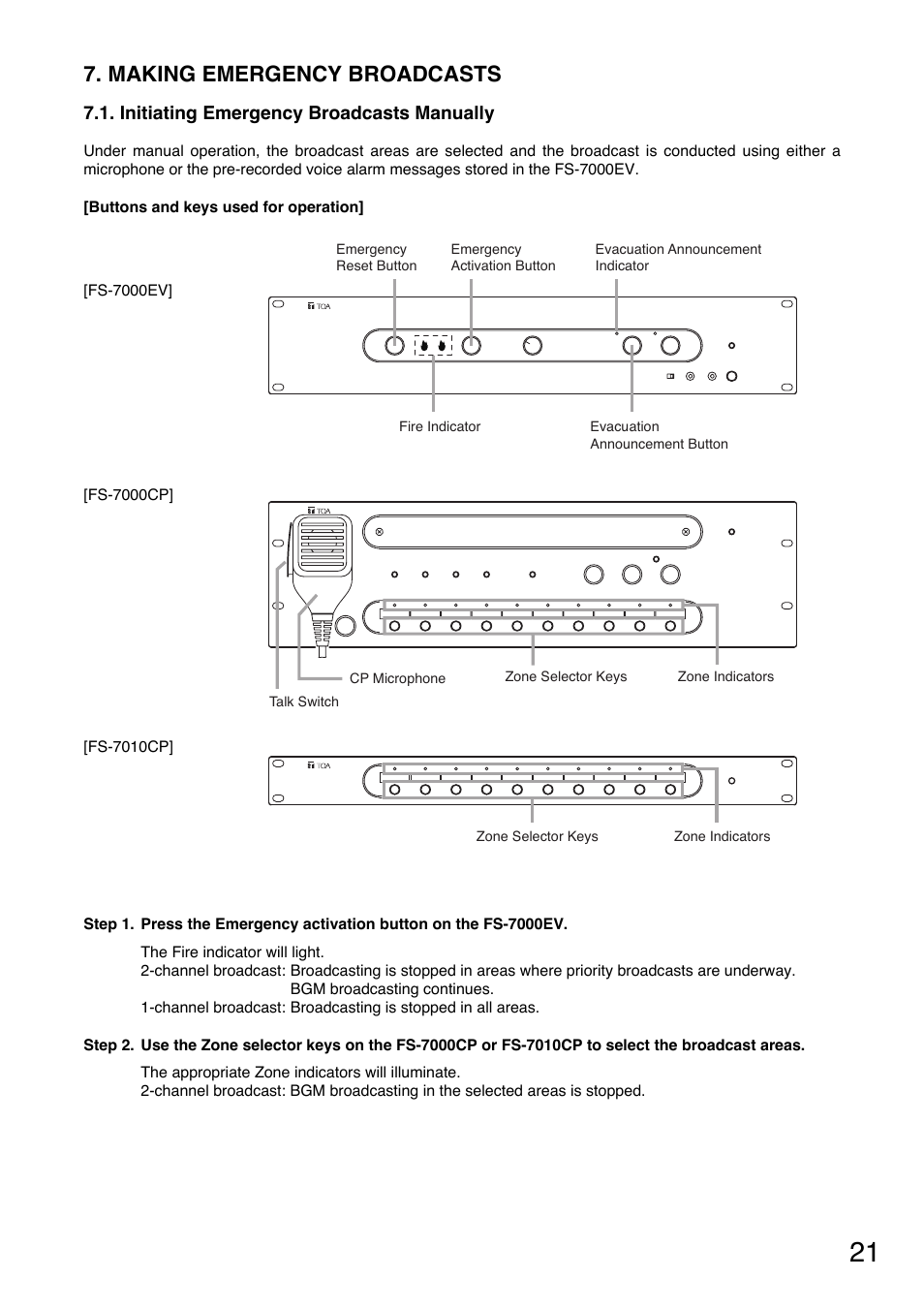 Making emergency broadcasts | Toa FS-7000 SERIES Manual User Manual | Page 21 / 40