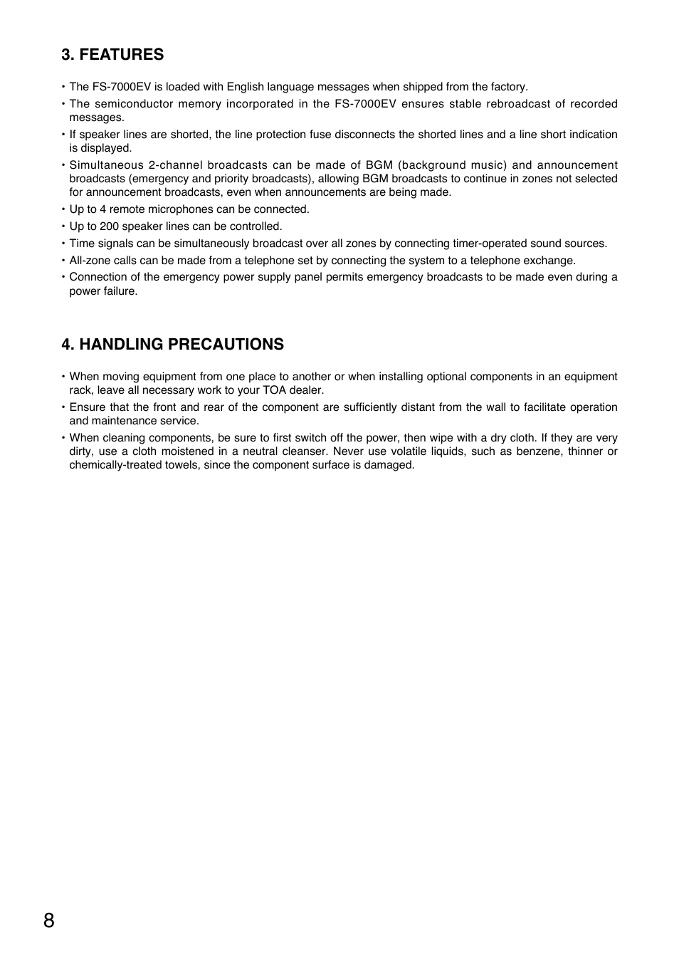 Features, Handling precautions | Toa FS-7000 SERIES Manual User Manual | Page 8 / 40