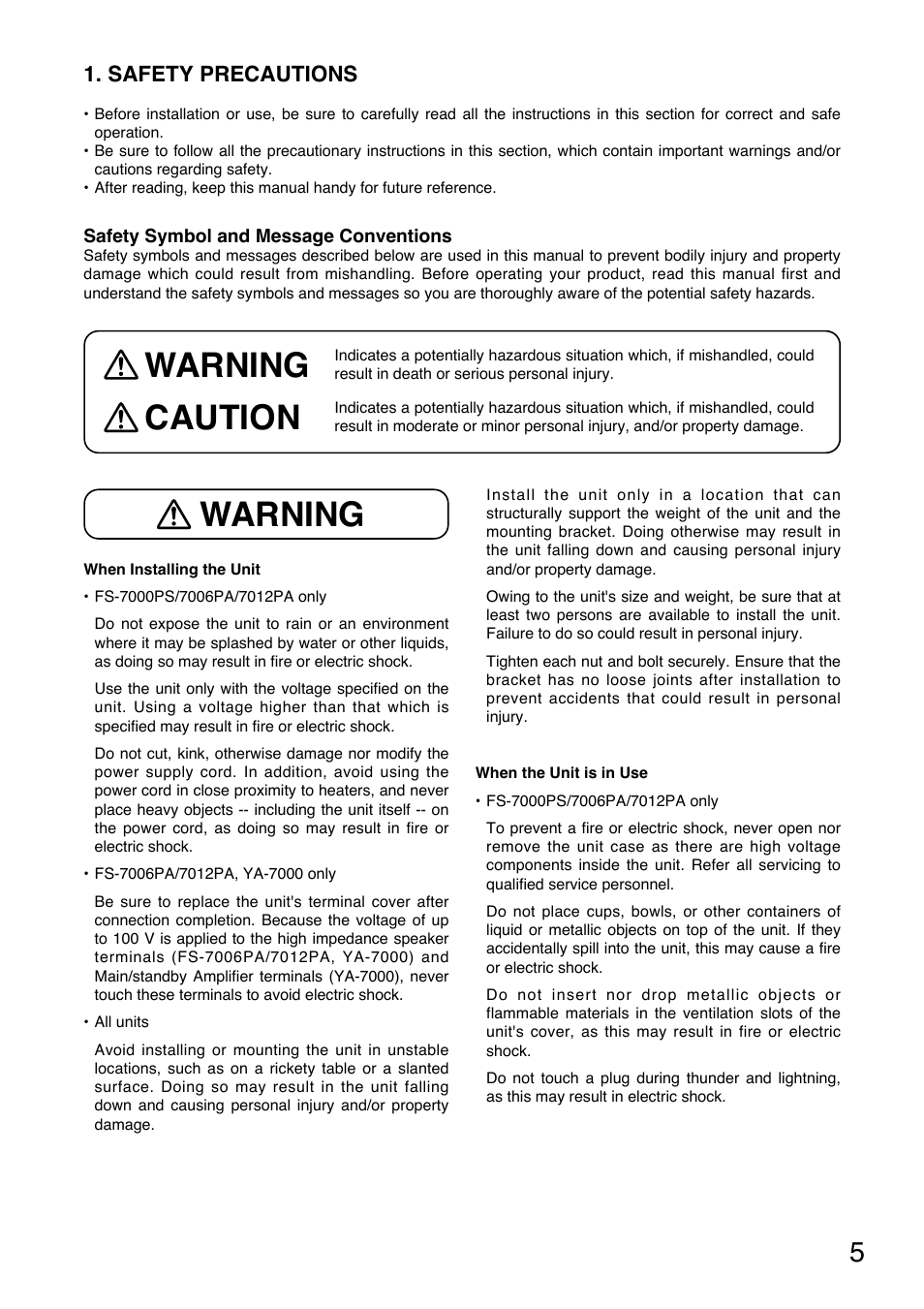 Warning, Warning caution, Safety precautions | Toa FS-7000 SERIES Installation User Manual | Page 5 / 92