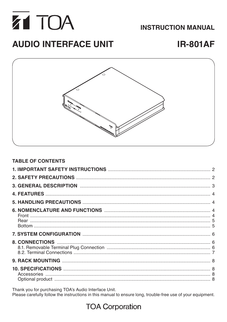 Toa IR-801AF User Manual | 8 pages