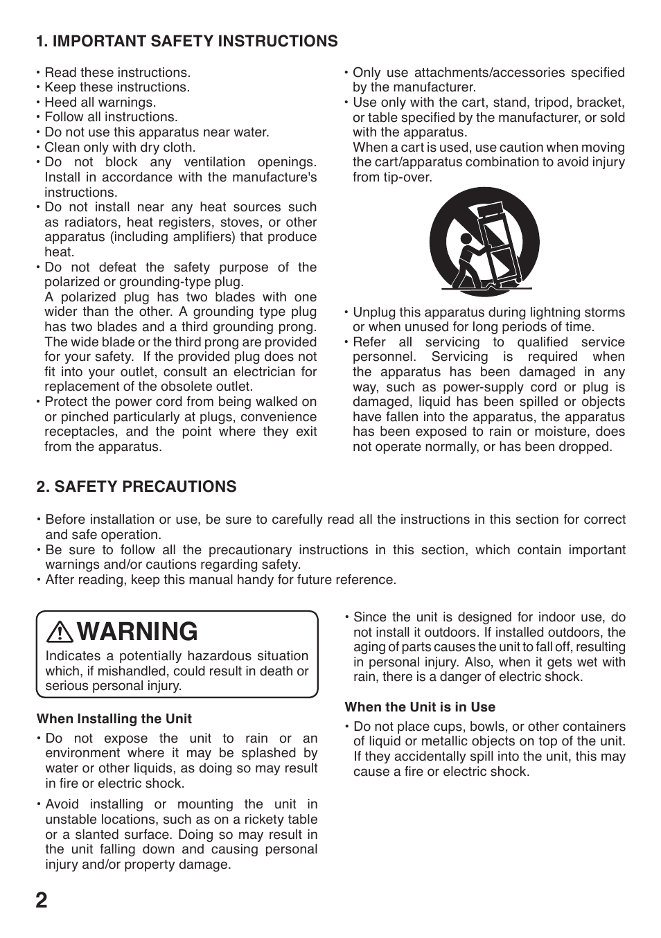 Important safety instructions, Safety precautions, Warning | Toa IR-801AF User Manual | Page 2 / 8