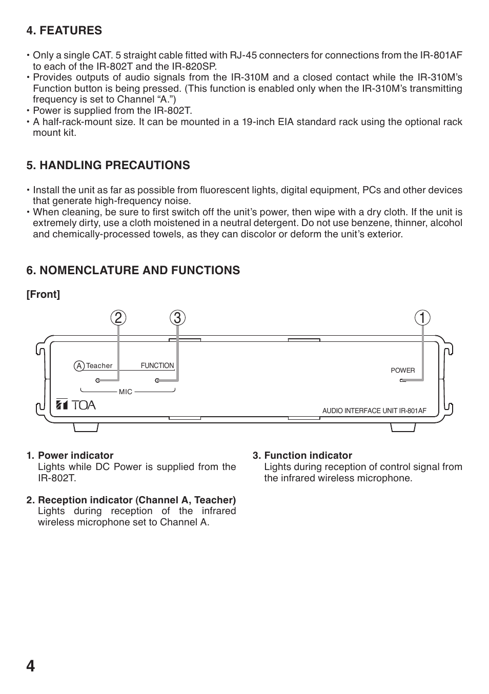 Features, Handling precautions, Nomenclature and functions | Front | Toa IR-801AF User Manual | Page 4 / 8