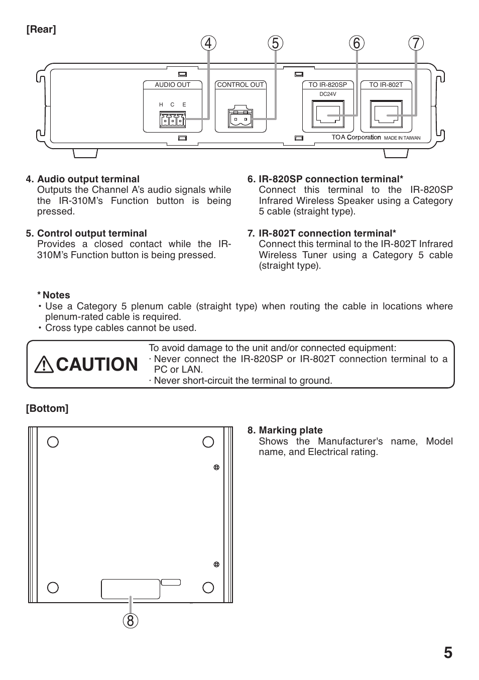 Rear, Bottom, Caution | Toa IR-801AF User Manual | Page 5 / 8